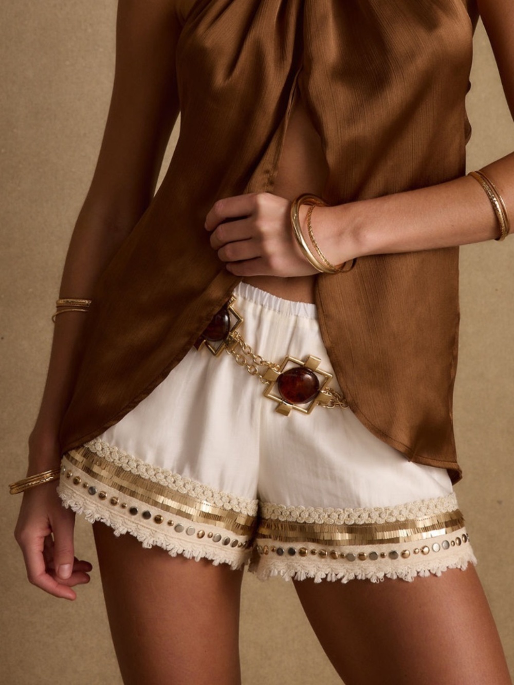 12th Tribe Nayeli Gold Embellished Shorts Size MM - Picture 1 of 3
